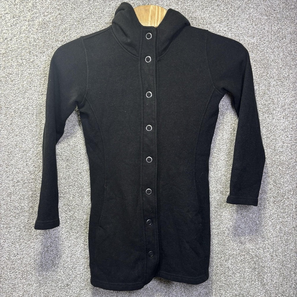 Kuhl Coat Womens Medium Black Fleece Snap Front Hooded Long Jacket Mid Length